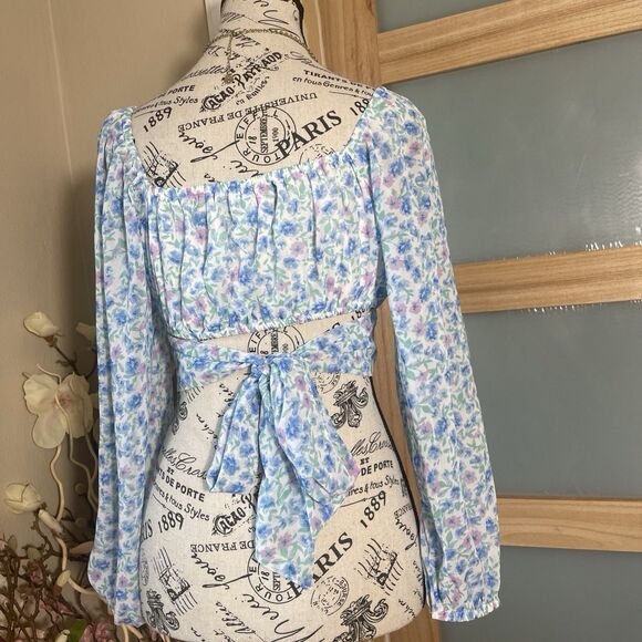 Japna White Blue Floral Pattern Long Puff Sleeve Back Tie Crop Top Blouse S - Picture 3 of 11